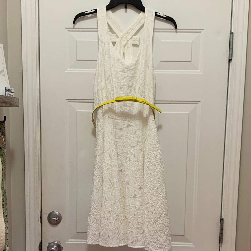 Sandra Darren White Dress with Yellow Belt Size 8